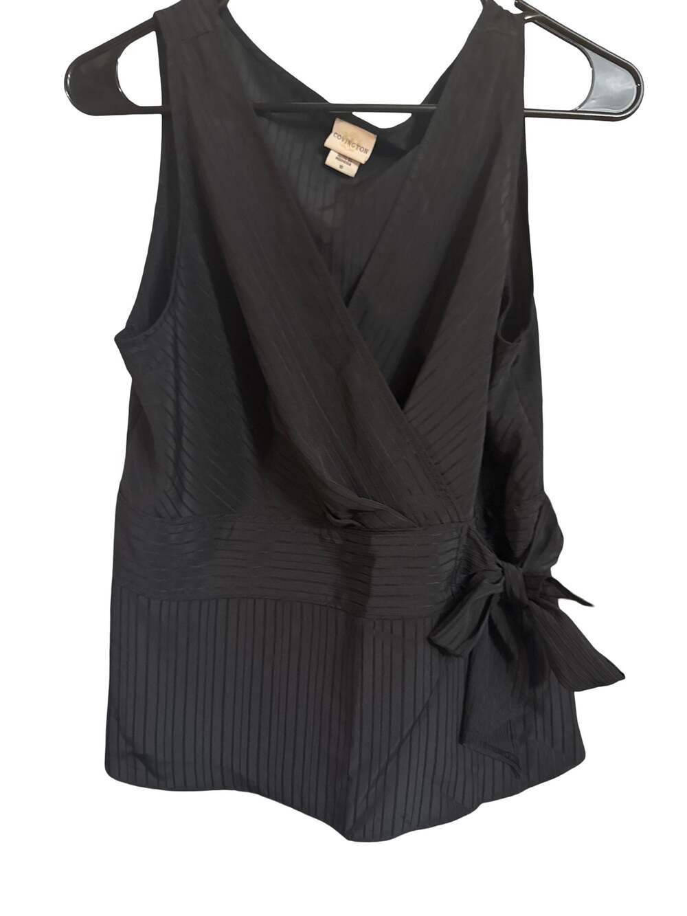 Covington Black Sleeveless V-Neck Pinstripe Side-Tie Wrap Top